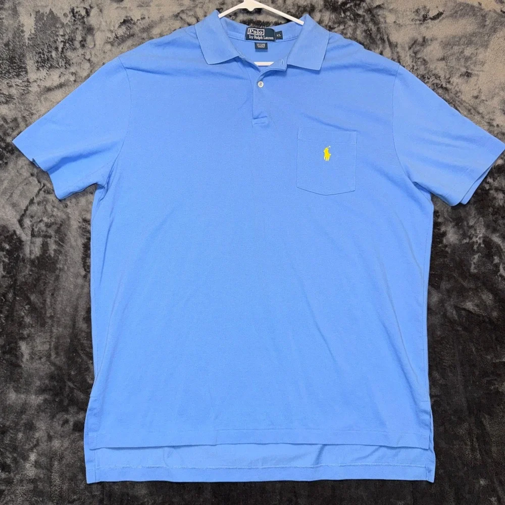 Polo Ralph Lauren Mens XL Blue Pique Cotton Short Sleeve Polo Yellow Pony Logo